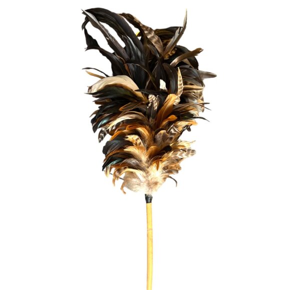 Vtg REAL FEATHER DUSTER Bamboo Handle Gorgeous Iridescent Striped OOAK 27" Long - Picture 3 of 11
